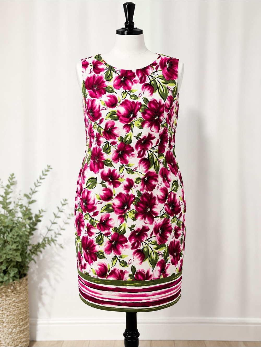 dressbarn Fuchsia Floral Sleeveless Sheath Dress with Green Accents